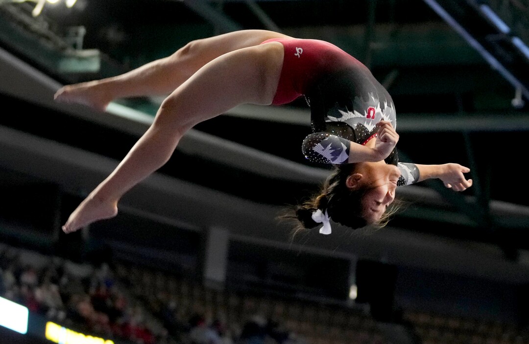 (Francisco Kjolseth | The Salt Lake Tribune) Utah’s Cristal Isa competes on the beam at the Best of Utah NCAA Gymnastics Meet at the Maverik Center in West Valley City on Friday, Jan. 7, 2022.