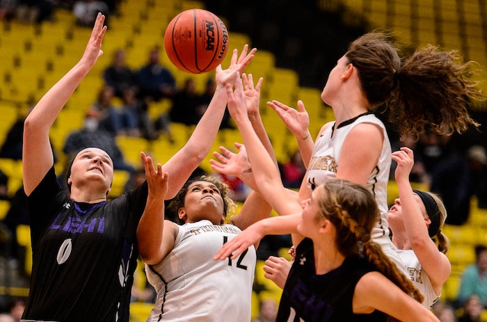 (Trent Nelson | The Salt Lake Tribune)
Lehi vs. Desert Hills, 4A State high school basketball tournament at Utah Valley University in Orem, Thursday March 1, 2018. Lehi's Cassidy Johnson (0) and Desert Hills's Jessica Bills (42).