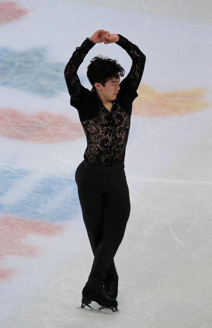 Nathan Chen, of the United States, skates his short program at the World figure skating championships in Helsinki, Finland, on Thursday, March 30, 2017. (AP Photo/Ivan Sekretarev)
