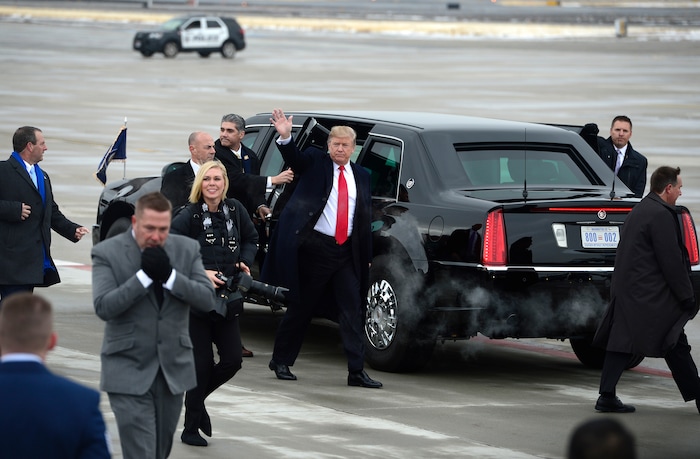 (Scott Sommerdorf   |  The Salt Lake Tribune)   President Trump visits with a crowd of admirers after he arrived in Salt Lake City, Monday, December 4, 2017.  