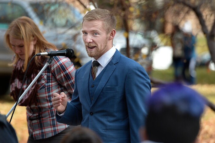 (Scott Sommerdorf   |  The Salt Lake Tribune)   
Donovan Feist tells why he came directly from LDS church services to resign his membership in the church at the 8th annual mass resignation in City Creek Park, Sunday, November 5, 2017. 
