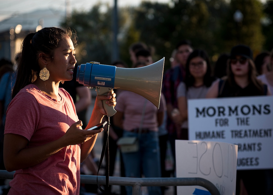 Michael Mangum  |  Special to the Tribune

Claudia Loayza of South Jordan speaks to the crowd during a protest outside the U.S. Immigration and Customs Enforcement Salt Lake City Field Office in West Valley City, UT on Wednesday, July 24, 2019.