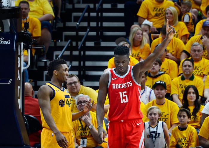 (Scott Sommerdorf | The Salt Lake Tribune)
Houston Rockets center Clint Capela (15) wags his finger after swatting away a shot from Utah Jazz guard Donovan Mitchell (45) during second half play. The Rockets beat the Jazz 100-87, Sunday, May 6, 2018.