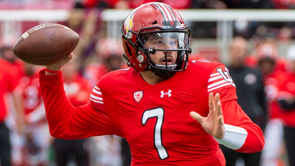 (Rick Egan  |  The Salt Lake Tribune)  Quarterback Cameron Rising looks for a receiver, in Utah's spring Red-White game at Rice-Eccles Stadium, Saturday, April 13, 2019.