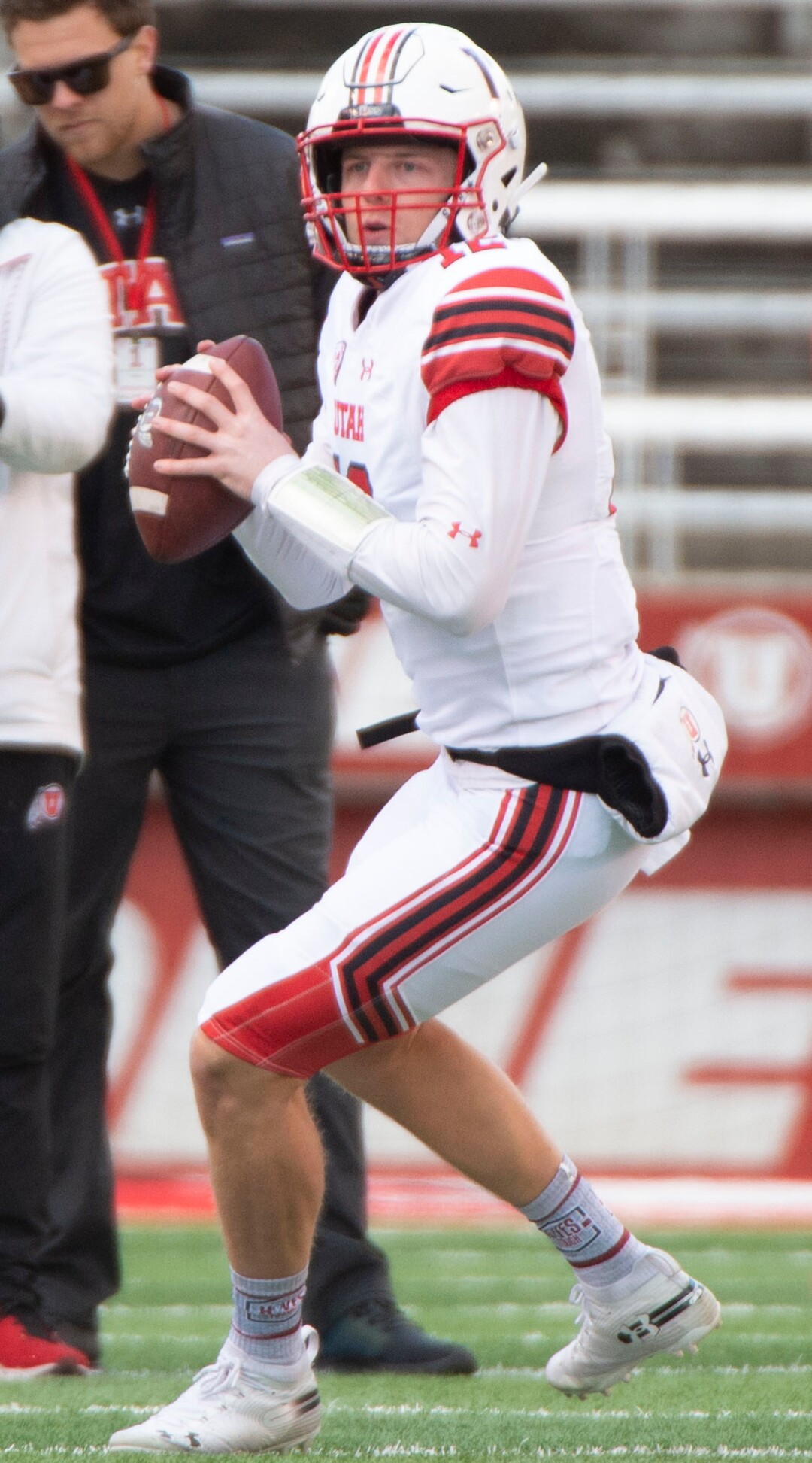 (Rick Egan  |  The Salt Lake Tribune)  QuarterbackDrew Lisk attempts looks to pass, in Utah's spring Red-White game at Rice-Eccles Stadium, Saturday, April 13, 2019.