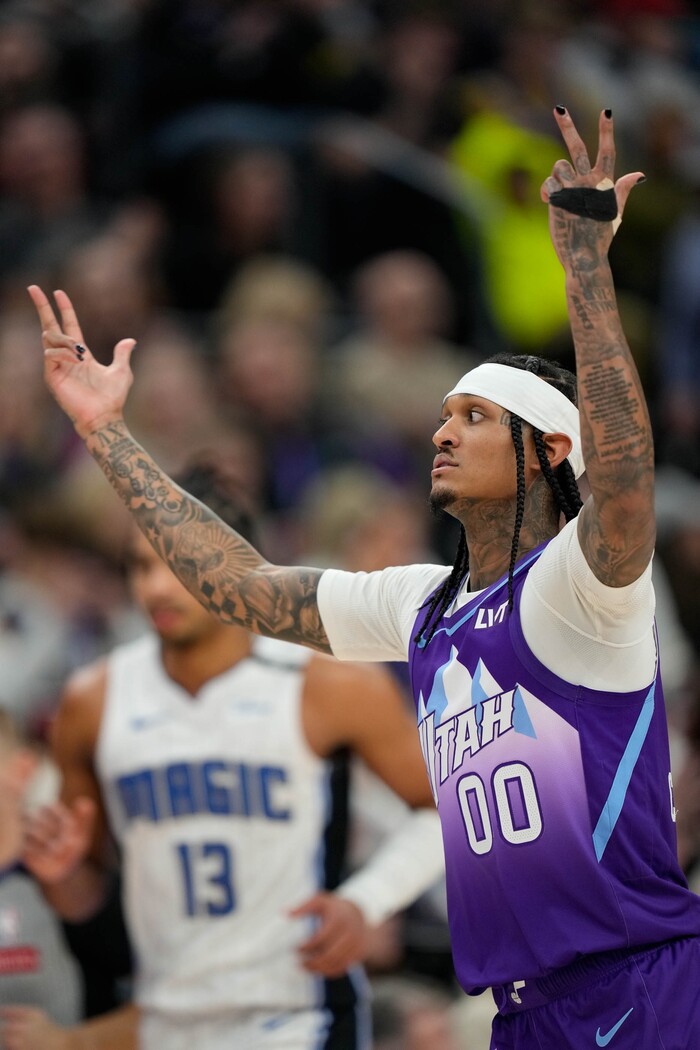 (Francisco Kjolseth  | The Salt Lake Tribune) Utah Jazz guard Jordan Clarkson Utah Jazz guard Jordan Clarkson (00) celebrates a three point shot as the Utah Jazz host the Orlando Magic during NBA basketball at the Delta Center in Salt Lake City on Saturday, February. 1, 2025.