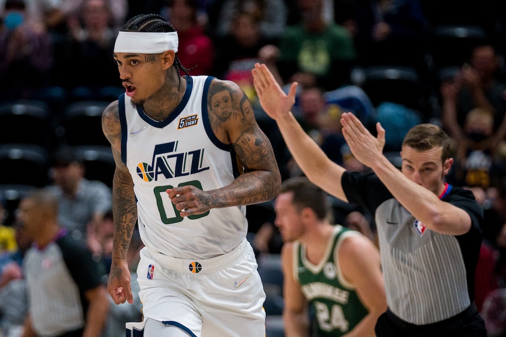 (Trent Nelson  |  The Salt Lake Tribune) Utah Jazz guard Jordan Clarkson (00) scores as the Utah Jazz host the Milwaukee Bucks, NBA basketball in Salt Lake City on Wednesday, Oct. 13, 2021.