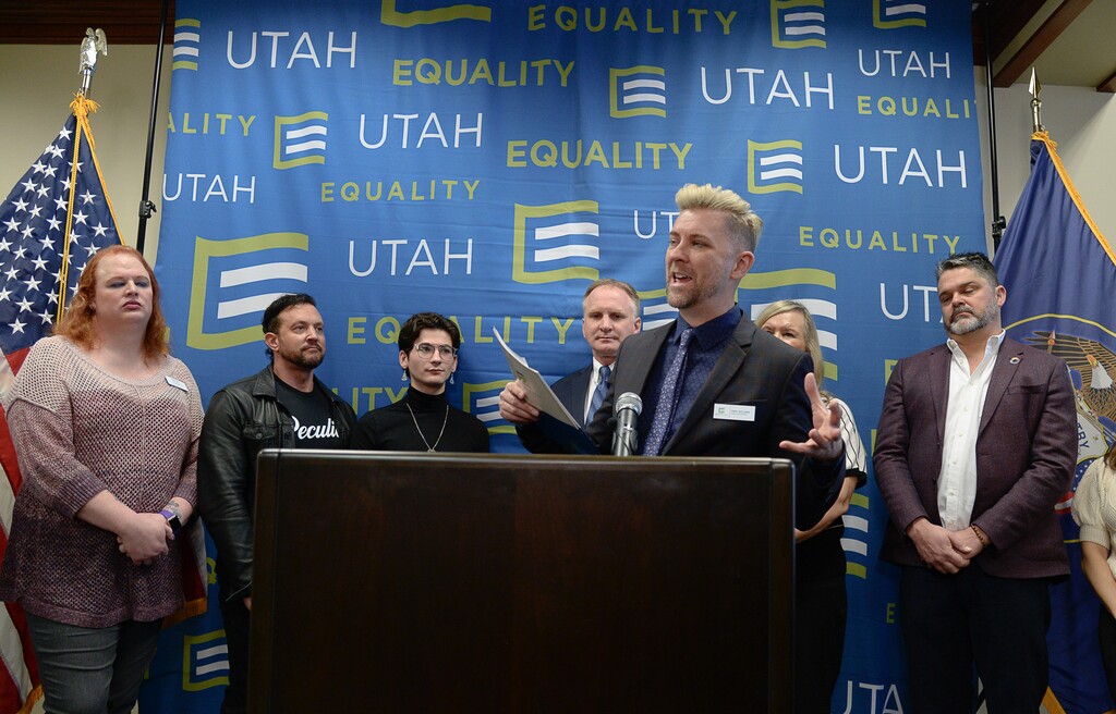 (Francisco Kjolseth  |  The Salt Lake Tribune) Troy Williams, executive director of Equality Utah, celebrates Utah banning  conversion therapy for minors in 2020. Equality Utah has canceled its scheduled fundraising gala because of the surge in COVID-19.