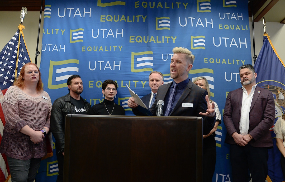 (Francisco Kjolseth  |  The Salt Lake Tribune) Troy Williams, executive director of Equality Utah, holds a press conference at the Utah Capitol on Wednesday, Jan. 22, 2020, to recognize Utah becoming the 19th state in the nation to enact a ban on conversion therapy for minors.