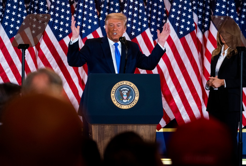 (Doug Mills | New York Times file photo) President Donald Trump speaks during an election night event in the East Room of the White House in Washington, early Wednesday morning, Nov. 4, 2020.