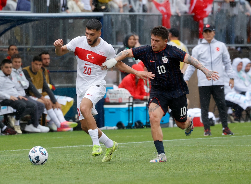 (Mary Schwalm | AP) Turkey forward Oguz Aydin (20) and United States midfielder Diego Luna (10) compete for the ball during the first half of an international friendly soccer game, Saturday, June 7, 2025, in East Hartford, Conn.