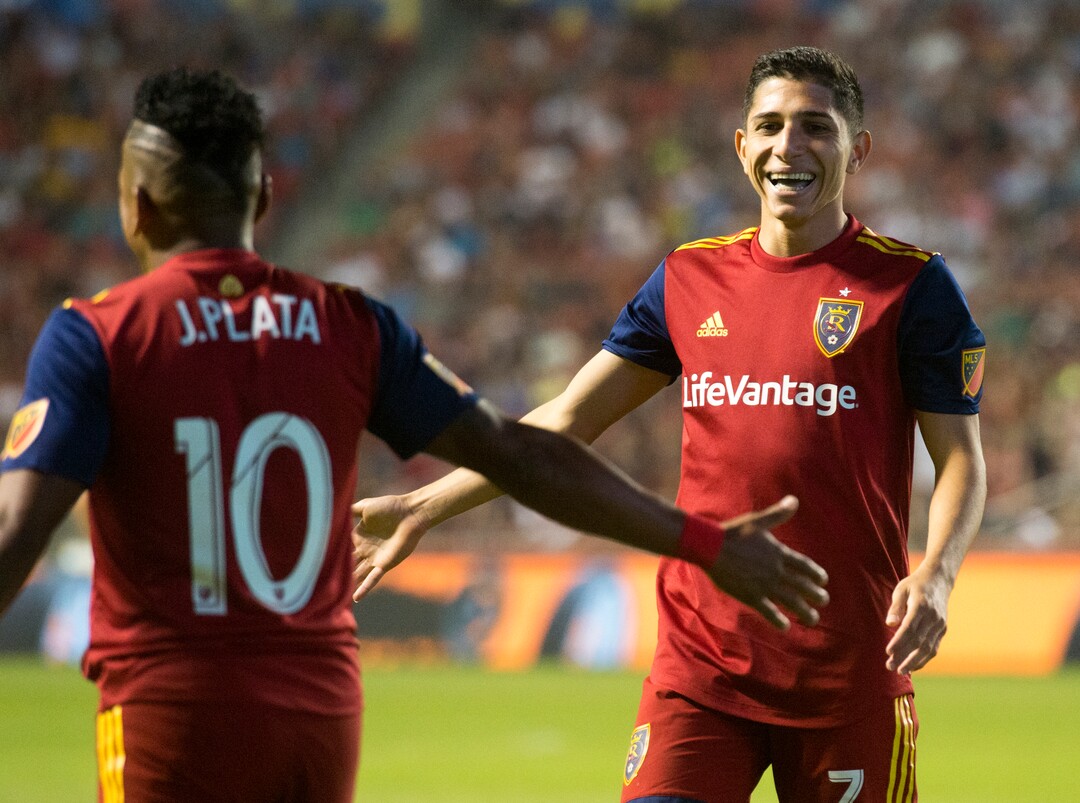 (Rick Egan  |  The Salt Lake Tribune)     Real Salt Lake forward Joao Plata (10) and Real Salt Lake forward Jefferson Savarino (7) react after Savoring narrowly missed a score, in MLS action between Real Salt Lake and Montreal Impact, at Rio Tinto Stadium in Sandy, Saturday, Aug. 11, 2018.