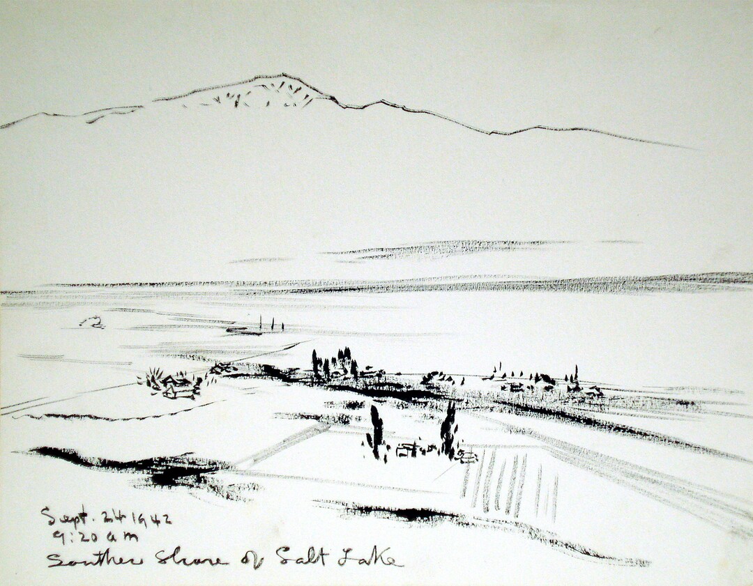 (Chiura Obata  |  courtesy Utah Museum of Fine Arts) "Southern Shore of Salt Lake," an ink-on-paper work created on Sept. 24, 1942 by Japanese-American artist Chiura Obata. Obata's work will be shown in a major touring retrospective, May 25-Sept. 8 at the Utah Museum of Fine Arts.