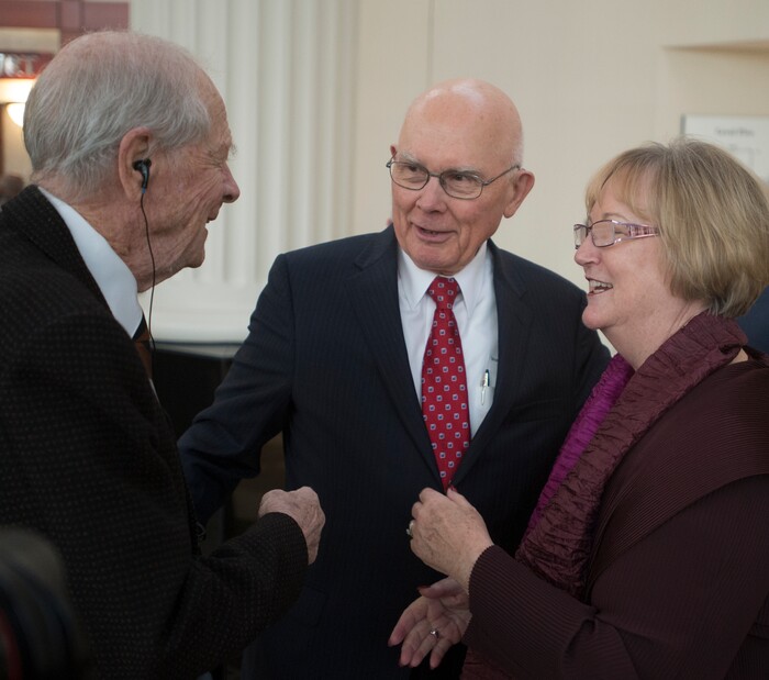 (Rick Egan | The Salt Lake Tribune) Former Chief Justice Gordon Hall, and Dallin H. Oaks visit with Justice Christine M. Durham, during Judge Durham's retirement reception at the Matheson Courthouse, Monday, November 13, 2017.