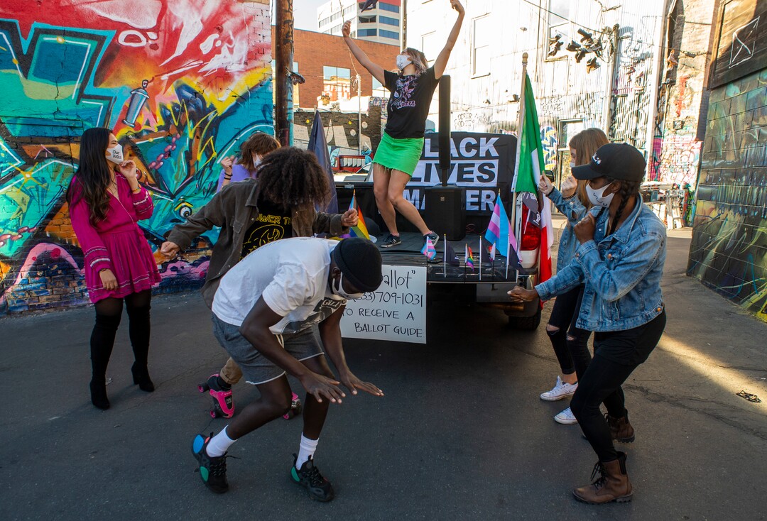 (Rick Egan | The Salt Lake Tribune)  Because of the jump in Covid-19 cases, organizers for Ourstreets, Dance Dance 4 Revolution, dance as they stream their virtual "March to the Polls" event from a back alley in Salt Lake City, Sunday, Nov. 1, 2020.