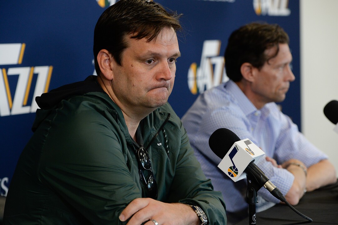 (Francisco Kjolseth  |  The Salt Lake Tribune)  Utah Jazz General Manager Dennis Lindsey and head coach Quin Snyder speak with the media during exit interviews at their practice facility in Salt Lake City Wed., May 8, 2018, after losing to the Houston Rockets in game 5 of their Western Conference Semifinals during the 2018 NBA Playoffs.