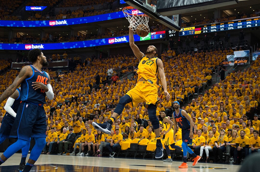 (Scott Sommerdorf | The Salt Lake Tribune)Utah Jazz center Rudy Gobert (27) dunks during first quarter play. The Thunder led the Jazz 22-18 at the end of the 1st quarter during Game 6 of the first round playoff game, Friday, April 27, 2018.