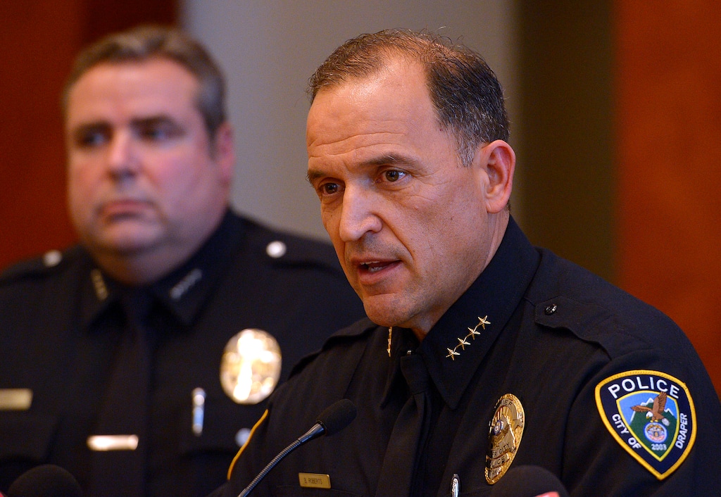 Leah Hogsten | The Salt Lake Tribune
l-r West Valley City Police Chief Lee Russo and Draper Police Chief Bryan Roberts discuss details about footage from Sgt. Davis Harris' body camera of the officer involved shooting January 14, 2015 during a press conference Friday, January 16, 2015. Jeffrey R. Nielson, 34, was shot and killed by West Valley City officer Jason Vincent in a Draper neighborhood Wednesday morning. In the video, Nielson broke free of the officers while they were changing handcuffs on Nielson, ran to the truck and pulled the butcher knife from the glovebox while trying to escape arrest.