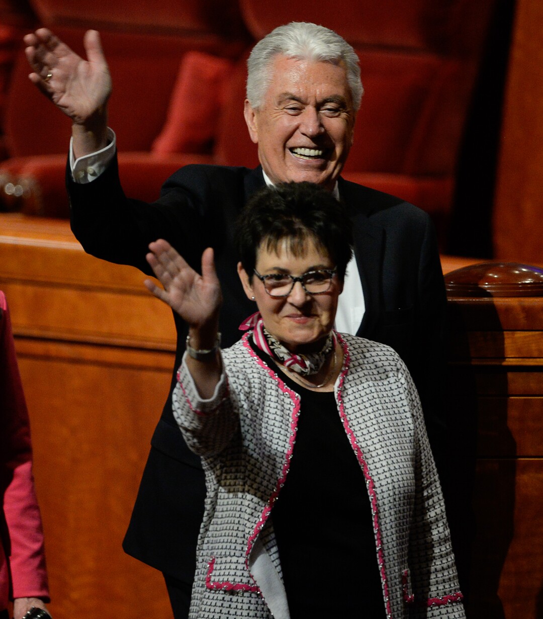(Francisco Kjolseth  |  The Salt Lake Tribune)  Elder Dieter F. Uchtdorf, of the Quorum of the Twelve Apostles, is joined by his wife, Harriet Uchtdorf, at the conclusion of the 189th twice-annual General Conference of The Church of Jesus Christ of Latter-day Saints at the Conference Center in Salt Lake City on Sunday, Oct. 6, 2019.