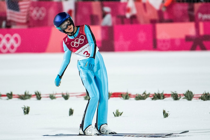 (Chris Detrick  |  The Salt Lake Tribune)  USA's Sarah Hendrickson competes in the Ladies' Normal Hill Individual at the Alpensia Ski Jumping during the Pyeongchang 2018 Winter Olympics Monday, February 12, 2018.  Hendrickson finished in 19th place with a total of 160.6.