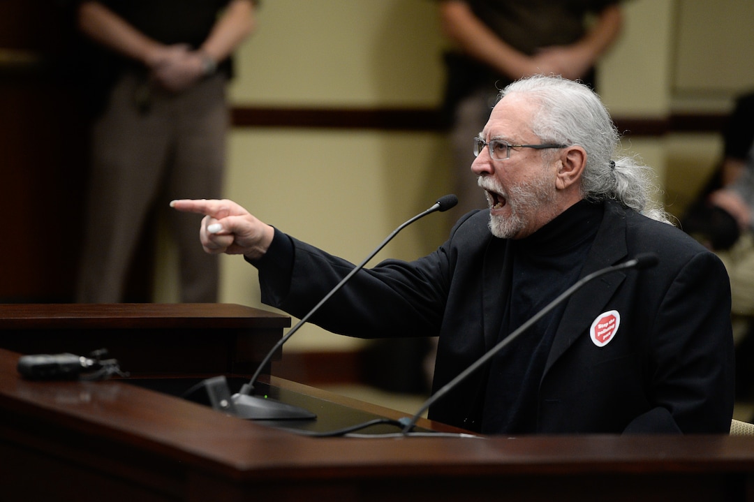 (Francisco Kjolseth  |  The Salt Lake Tribune)  Clark Clements, a former environmental scientists yells at members of the Utah Inland Port Authority, exclaiming in part "shame on you for misleading us for believing we had a say," during t the Utah Capitol on Thursday, Oct. 17, 2019.