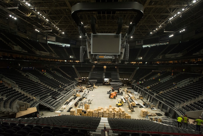 (Rick Egan  |  The Salt Lake Tribune)  A nine-picture composite of the main level of the Vivint Smart Home Arena. It should be finished in one more week. Friday, September 15, 2017.


