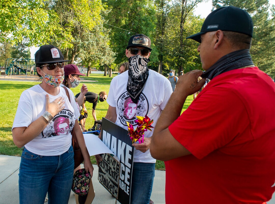 (Rick Egan  |  The Salt Lake Tribune)     Tiffany James and Aaron James, the parents of Zane James who was shot and killed by the Cottonwood Heights police in the 2018 vitas with Juan Mercado, father of Jovany Mercado, who was shot last August by Ogden police at the Dance Dance for Revolution protest for racial equality, on Sunday, Aug. 23, 2020. The protest was in memory of Jovany Mercado.