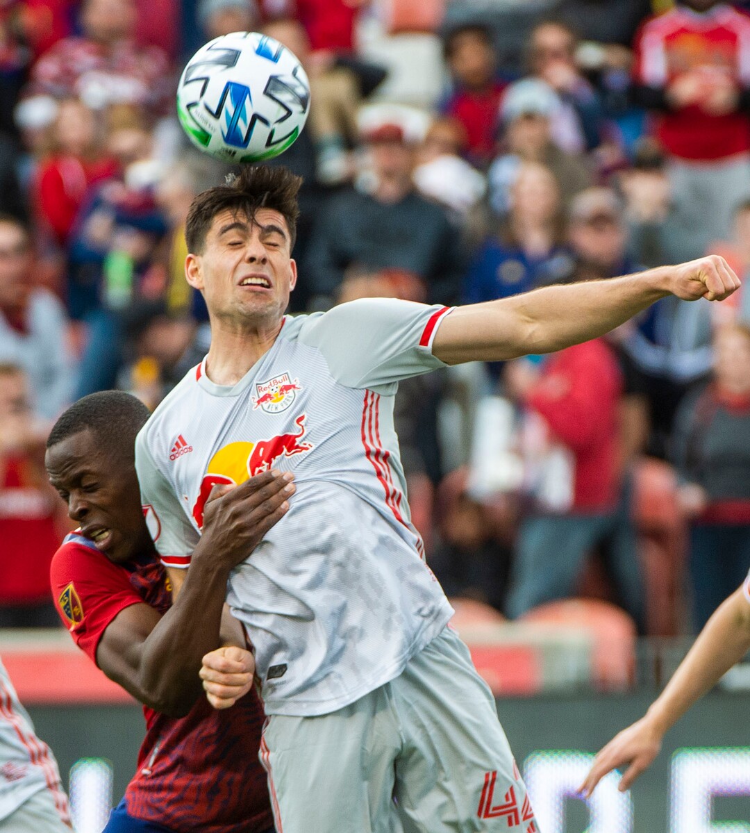 (Rick Egan  |  The Salt Lake Tribune)    New York Red Bulls forward Brian White (42) and  with Real Salt Lake defender Nedum Onuoha (14) battle for position, in MLS acton between Real Salt Lake and the New York Red Bulls at Rio Tinto Stadium, Saturday, March 7, 2020.