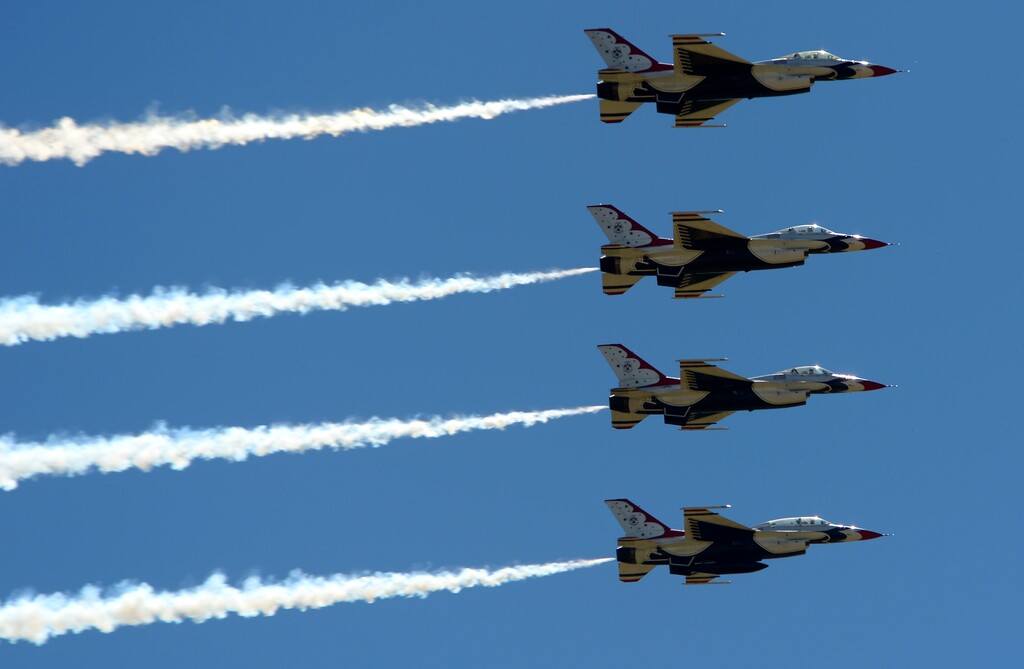 Leah Hogsten | Salt Lake Tribune file photo
U.S. Air Force Air Demonstration Squadron, The Thunderbirds F-16 Fighting Falcons, do their thing at the 2016 Hill Air Force Base Warriors Over The Wasatch open house and air show June 2, 2016. The biennial event was canceled in 2020 due to the pandemic but is scheduled to return in June 2022.