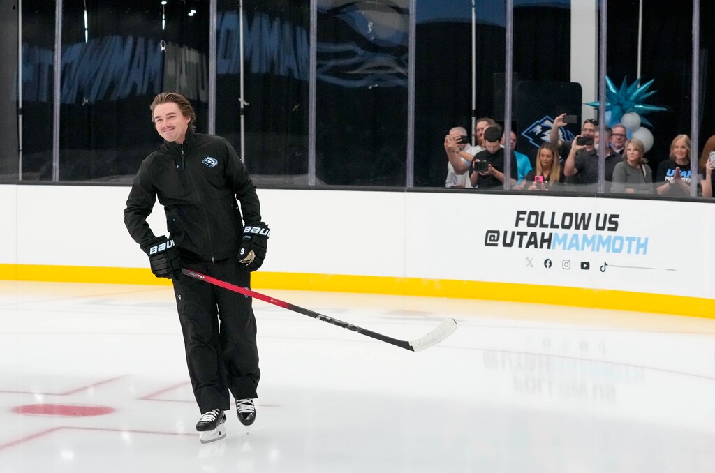 (Francisco Kjolseth | The Salt Lake Tribune) Clayton Keller comes off the ice after shooting a ceremonial goal during a tour of the Utah Mammoth 146,000-square-foot practice and training facility at the southeast end of The Shops at South Town in Sandy, during a soft opening celebration on Wed. Sept. 17, 2025.