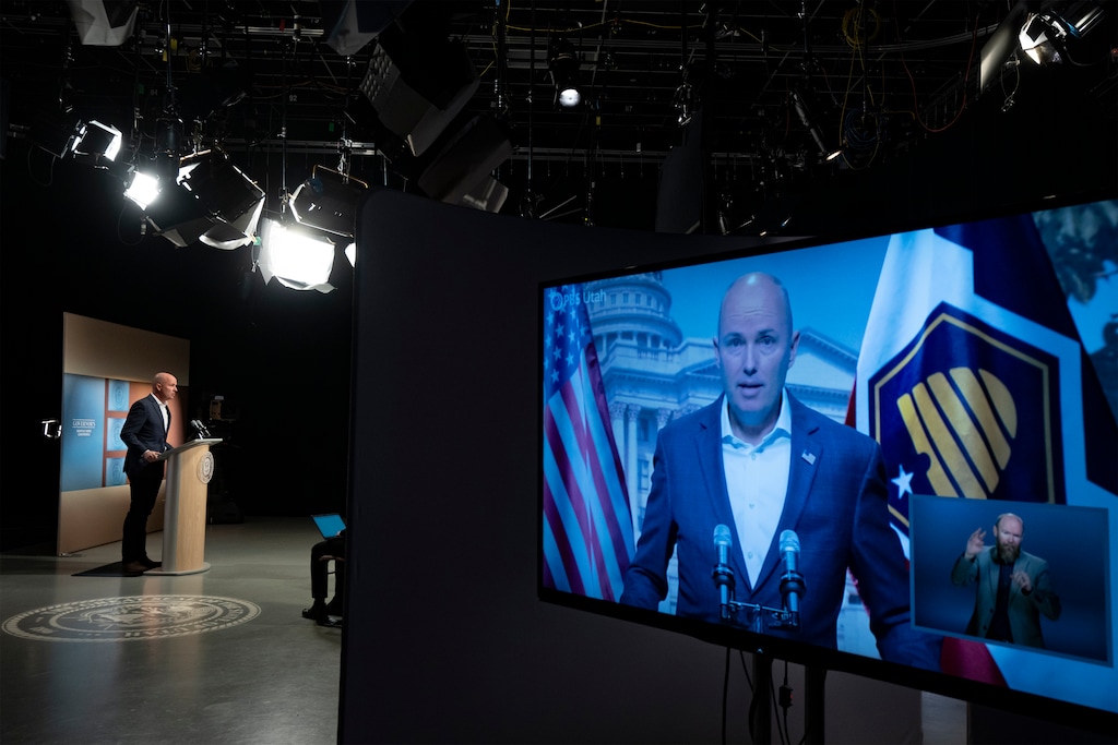 (Rick Egan | The Salt Lake Tribune) Gov. Spencer Cox conducts a news conference in Salt Lake City, Thursday, March 20, 2025.