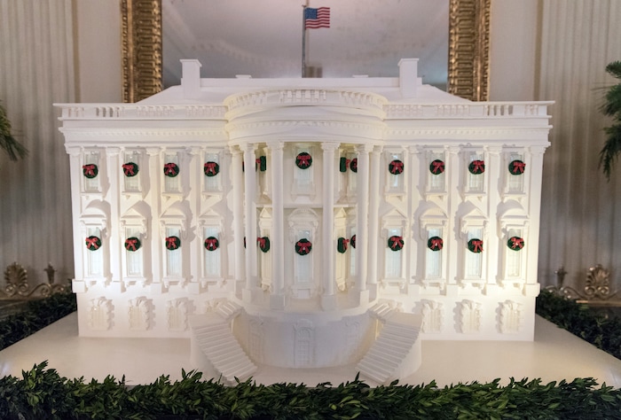 The gingerbread White House is seen in the East Dining Room during a media preview of the 2017 holiday decorations at the White House in Washington, Monday, Nov. 27, 2017. (AP Photo/Carolyn Kaster)