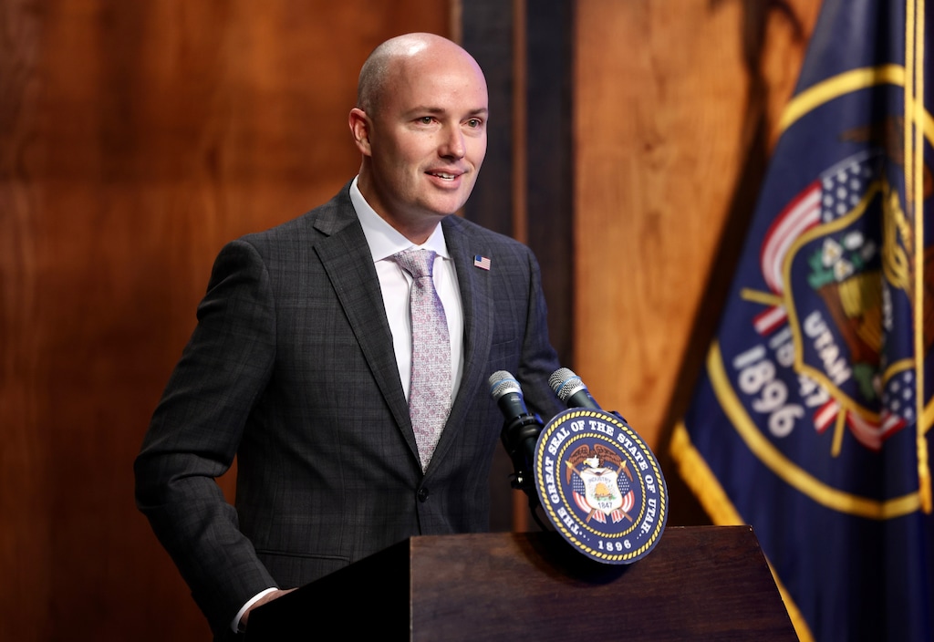 Gov. Spencer Cox holds his monthly news conference at PBS Utah in the Eccles Broadcast Center in Salt Lake City, Thursday, March 16, 2023.