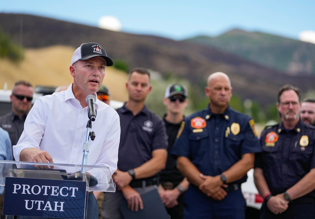 (Francisco Kjolseth | The Salt Lake Tribune) Gov. Spencer Cox, joined by state public safety and fire officials, provides an update on current wildfire conditions across the state during a news conference above the Salt Lake Valley on Thursday, June 25, 2026.