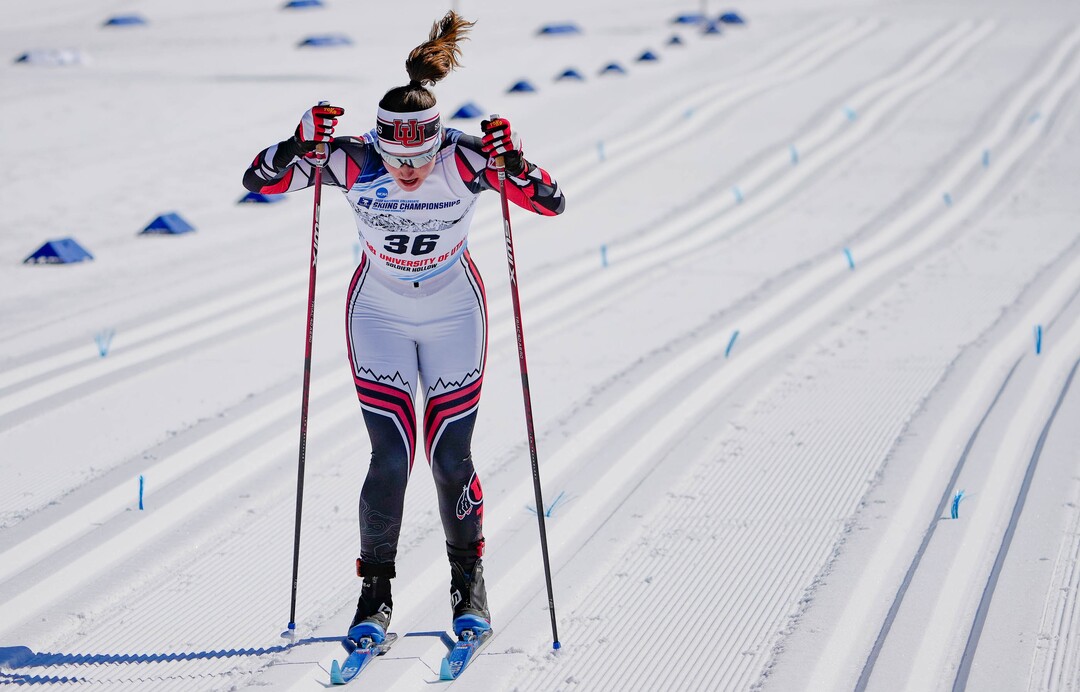(Francisco Kjolseth | The Salt Lake Tribune) Sydney Palmer-Leger of the University of Utah competes during the women’s 5K classic in the NCAA Skiing Championships held at the Soldier Hollow Nordic Center on Thursday, March 10, 2022 in Midway, Utah.
