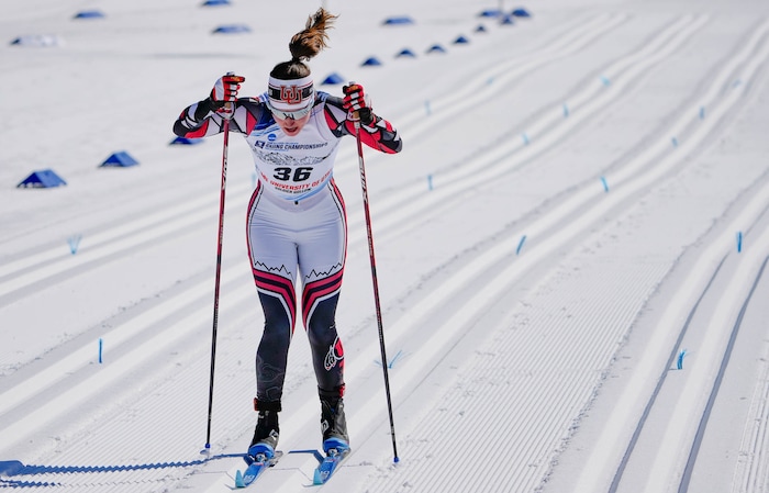 (Francisco Kjolseth | The Salt Lake Tribune) Sydney Palmer-Leger of the University of Utah competes during the women’s 5K classic in the NCAA Skiing Championships held at the Soldier Hollow Nordic Center on Thursday, March 10, 2022 in Midway, Utah.