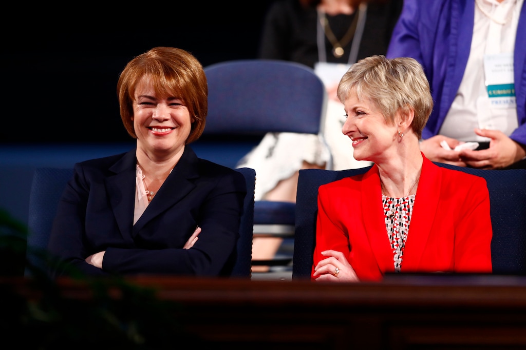 (Photo courtesy of The Church of Jesus Christ of Latter-day Saints)
Sharon Eubank, left, and Jean B. Bingham of the Relief Society general presidency sit together at the opening of the BYU Women's Conference in Provo, Utah, May 4, 2017.