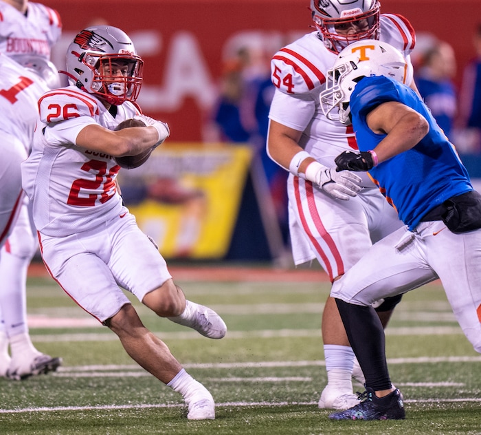 (Rick Egan | The Salt Lake Tribune)   Siaki Fekitoa runs for the Redhawks, in 5A State playoff action between the Timpview Thunderbirds and the Bountiful Redhawks, at Rice-Eccles Stadium, on Friday, Nov. 17, 2023.
