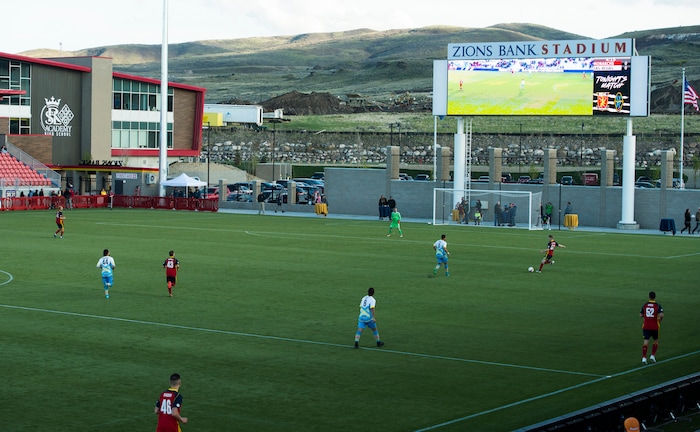 (Rick Egan  |  The Salt Lake Tribune)      The Real Monarchs play the Las Vegas Lights FC at the new Zions Bank Stadium in, Herriman, Monday, April 30, 2018.


