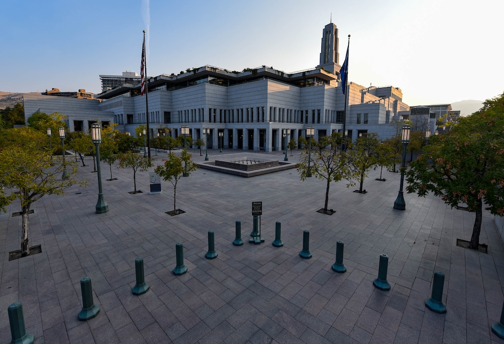 (Francisco Kjolseth  |  The Salt Lake Tribune) An empty plaza outside the Conference Center for The Church of Jesus Christ of Latter-day Saints in Salt Lake City on Saturday, Oct. 3, 2020.