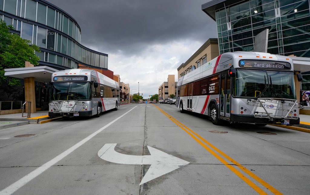 (Francisco Kjolseth | The Salt Lake Tribune) Electric buses for the Ogden Express bus rapid transit line on Aug. 2, 2023. To date, Utah has secured $253 million of Bipartisan Infrastructure Law funding for public transit improvements, like replacing old buses with electric and natural gas-powered ones.