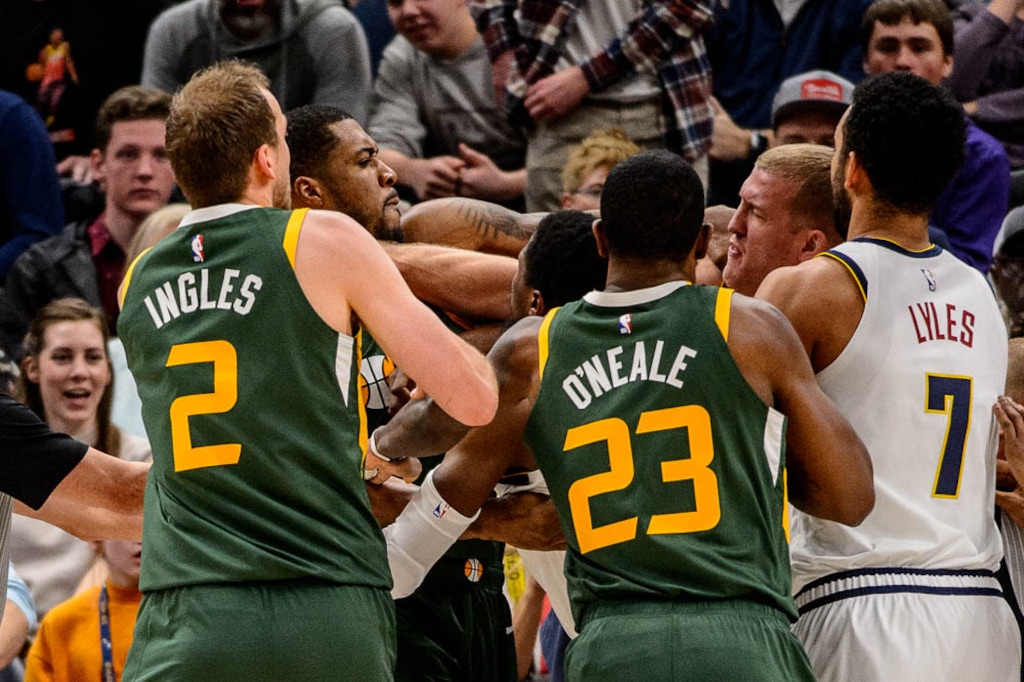 (Trent Nelson | The Salt Lake Tribune)
Tensions flare between Utah Jazz forward Derrick Favors (15) and Denver Nuggets forward Mason Plumlee (24) as the Utah Jazz host the Denver Nuggets, NBA basketball in Salt Lake City on Wednesday Jan. 23, 2019.