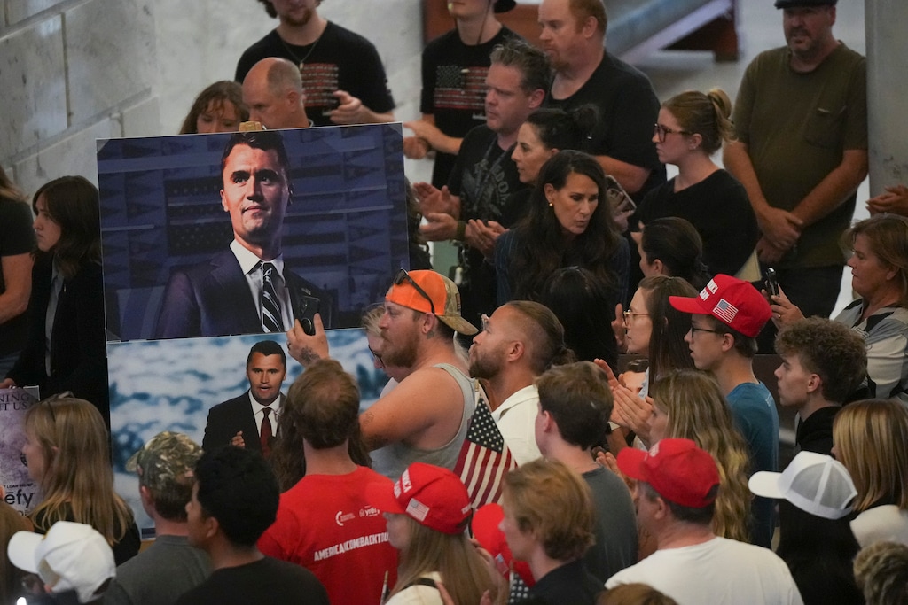 (Bethany Baker  |  The Salt Lake Tribune) Photos of Charlie Kirk are displayed during a vigil at the Utah Capitol in Salt Lake City on Wednesday, Sept. 10, 2025, following the killing of the conservative activist at Utah Valley University.