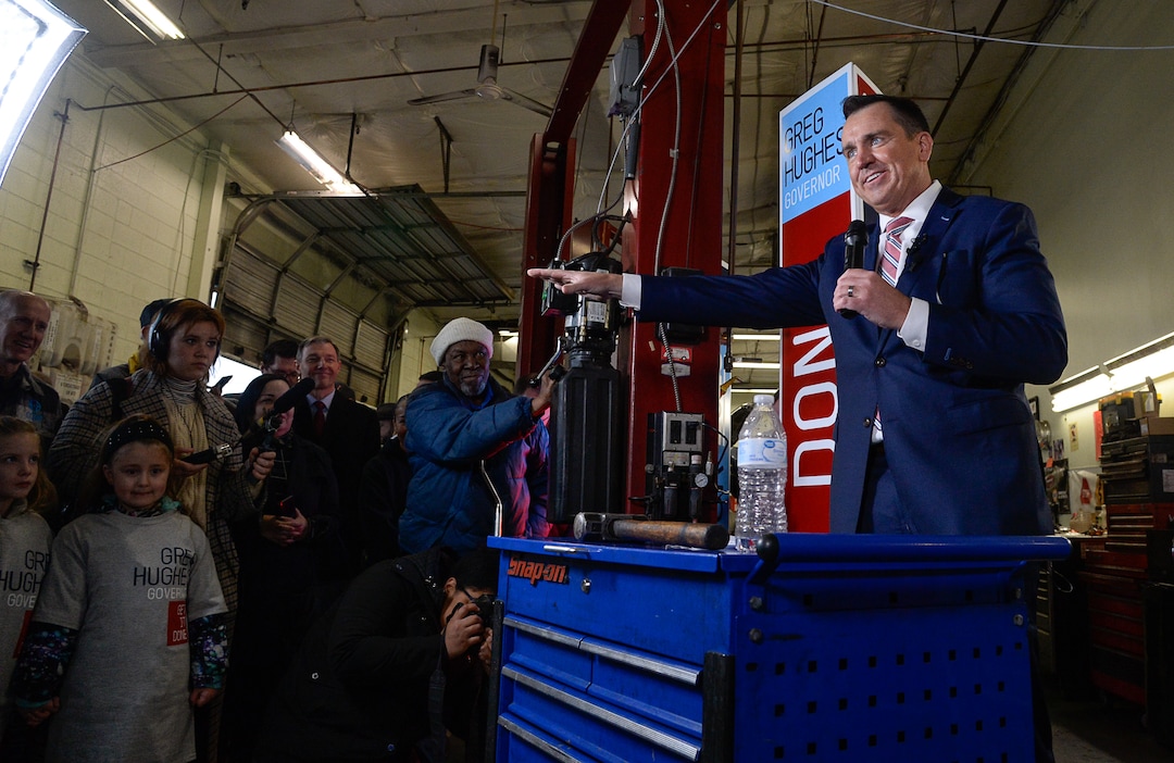 (Francisco Kjolseth  |  The Salt Lake Tribune) Surrounded by friends, family and supporters, former House Speaker Greg Hughes announces his campaign for governor at Dee's Automotive in Murray on Wednesday, Jan. 8, 2020.