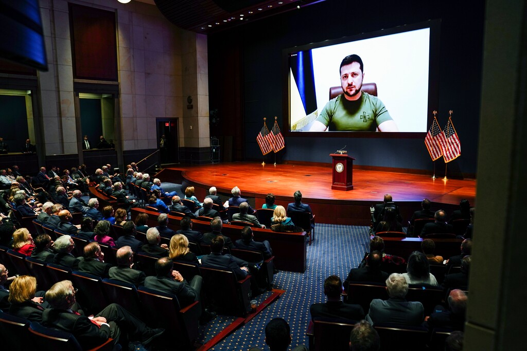 (Sarah Silbiger | Pool) Ukrainian President Volodymyr Zelenskyy delivers a virtual address to Congress by video at the Capitol in Washington, Wednesday, March 16, 2022.