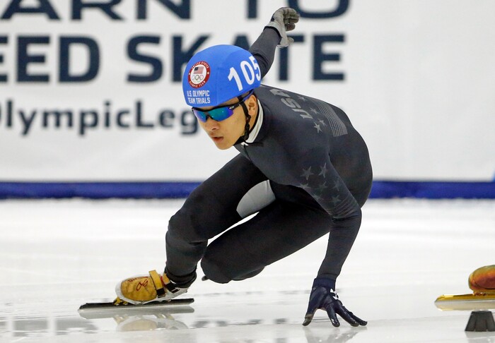 Aaron Tran (105) competes in the men's 500-meters during the U.S.Olympic short track speedskating trials Saturday, Dec. 16, 2017, in Kearns, Utah. (AP Photo/Rick Bowmer)