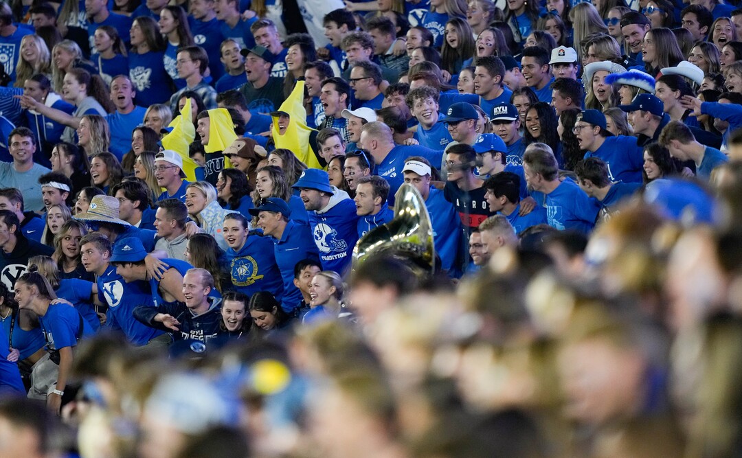 (Francisco Kjolseth | The Salt Lake Tribune) The student section drives up the decibel level during the game between the Brigham Young Cougars and the Wyoming Cowboys at LaVell Edwards Stadium in Provo, on Saturday, Sept. 24, 2022.