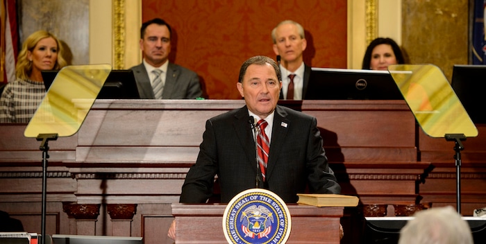 (Steve Griffin  |  The Salt Lake Tribune) Gov. Gary Herbert gives his State of the State address in the Utah House of Representatives in Salt Lake City Wednesday January 24, 2018.