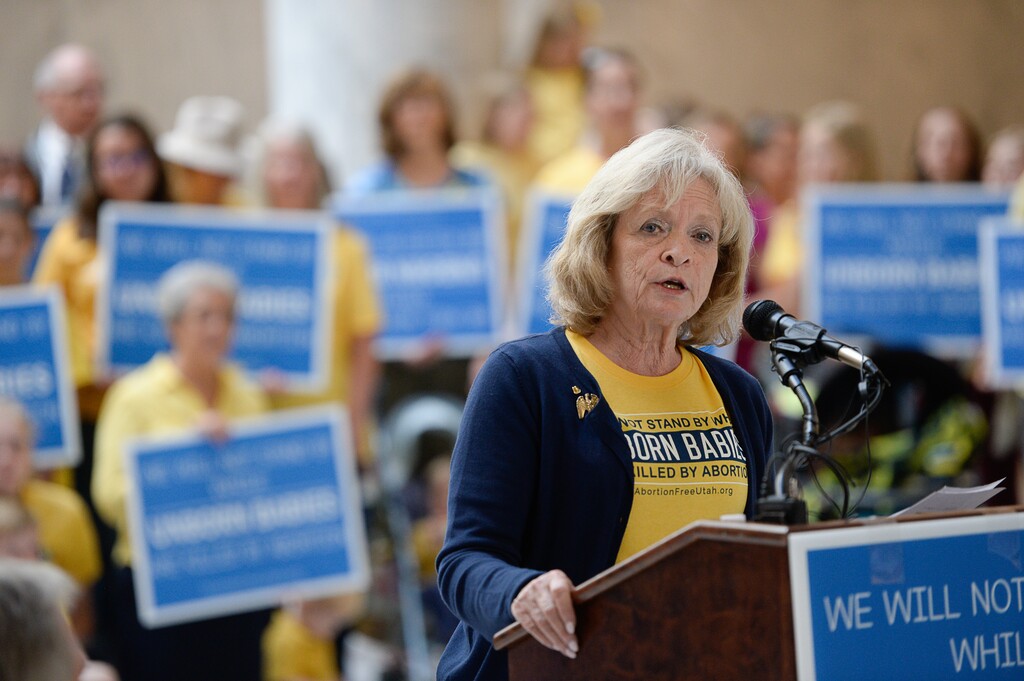 (Francisco Kjolseth | Tribune file photo) In this June 19, 2019, file photo, Gayle Ruzicka, president of the Eagle Forum speaks to people gathered in the Utah Capitol to launch a campaign called "Abortion-Free Utah," with the goal of ending elective abortion in the Beehive State. Many conservative states this year are pushing anti-abortion legislation in hopes the U.S. Supreme Court with overturn or chip away at reproductive rights protected in Roe v. Wade.