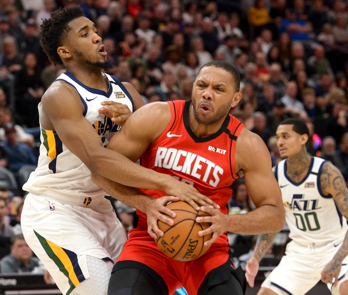(Leah Hogsten  |  The Salt Lake Tribune) Utah Jazz guard Donovan Mitchell (45) pressures Houston Rockets guard Eric Gordon (10).  The Utah Jazz lost to the Houston Rockets 110-120 at Vivint Arena, Feb. 22, 2020.